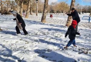 برف‌بازی پدربزرگ و نوه‌هایش در پارک شهروند بجنورد