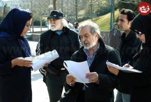 «مهرانه مهین ترابی» در کنار «ایرج قادری» در پشت‌صحنه یک فیلم؛ سال ۸۷