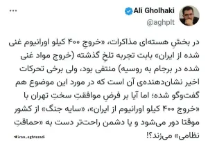 احتمال موافقت سختِ تهران با خروج ۴۰۰ کیلو اورانیوم