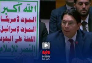 نماینده اسرائیل در جلسه شورای امنیت، پرچم انصارالله یمن را بالا برد!