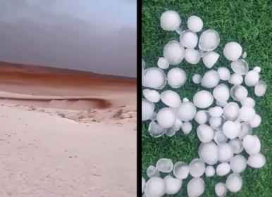 برف و تگرگ شدید عربستانی‌ها را غافلگیر کرد+فیلم