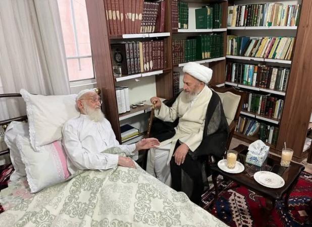 عیادت آیت‌الله سبحانی از آیت‌الله نوری همدانی در قم