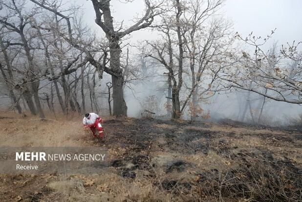 ادامه عملیات مهار حریق جنگل‌های الیت چالوس توسط بالگرد هلال‌احمر