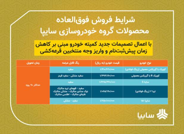 فروش فوق العاده ۵ محصول سایپا از امروز/ تحویل خودروها ۹۰ روزه است