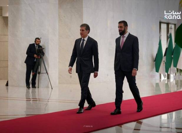 استقبال الجولانی از نچیروان بارزانی در دمشق/ محور گفتگوها چیست؟